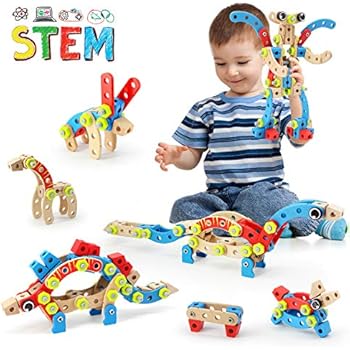 LUKAT STEM Toy for 3 4 5 6 7 Year Olds Boys, 96 PCS Wooden Building Toys for Kids, 4 in 1 Educational Kids Construction Blocks Toys, Birthday Gifts for Boy & Girl