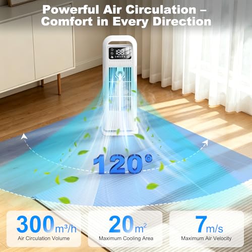 Portable Air Cooler, 4 in 1 Air Conditioner 1200ML Evaporative Air Cooler with Remote Control, 120° Oscillating 4 Speeds 12H Timer Mist Spray Tower Fan for Home Office（White）