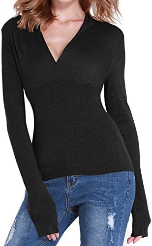 Roco Roca Women's Low V Neck Stretchable Elasticity Knit Sweater ,Black,US 6-8 (Tag M)