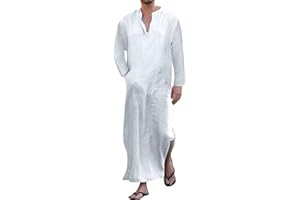 Jacansi Men's V-neck Short Sleeve Robe Side Split Kaftan Cotton Long Gown Thobe S-3XL