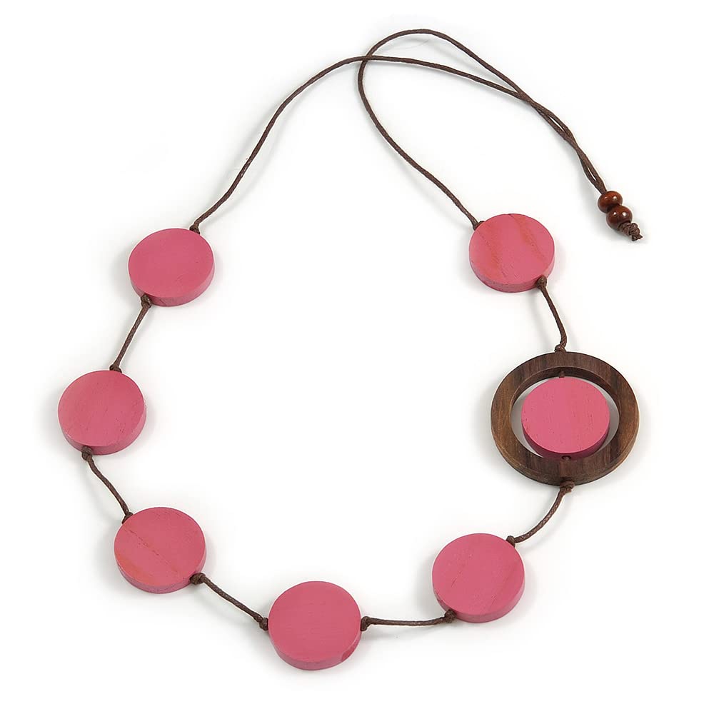 Avalaya Pink/Brown Coin Wood Bead Cotton Cord Necklace - 80cm Long - Adjustable