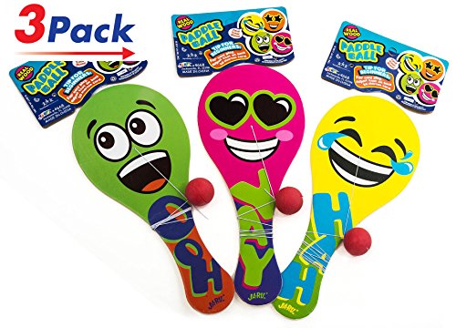 Paddle Ball by 2 GoodShop | Real Wood Emoji Paddle Balls for Kids Improves Eye-Hand Coordination Find Your Mood with the 3 Fun Styles Pack of 3 | Item #4668