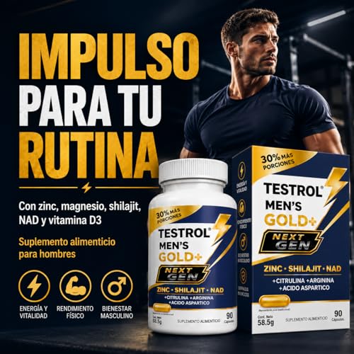 TESTROL GOLD + Next Gen, Suplemento para Hombres con Zinc, Shilajit, NAD, Magnesio, Arginina, Citrulina y Ácido Aspártico, 90 Cápsulas.