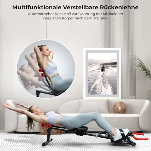 Rudergerät für Zuhause, Micyox Hydraulisches Fitness-Rudergerät mit 12 Widerstandsstufen, Multifunktionaler Rückenlehne, Micyox Heimtrainer Fahrrad Klappbar mit LCD-Display