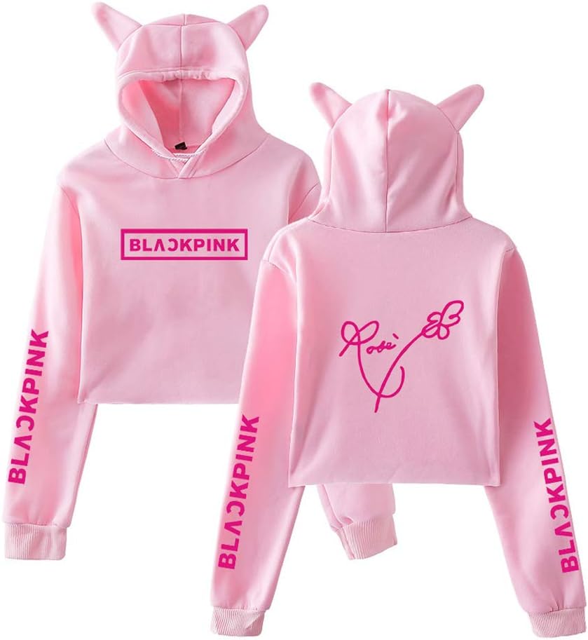 NCTCITY Kpop Sweatshirt Cute Cat Ear Sweater Exposed Navel Pullover Casual Long Sleeve Jumper Print Crop Top Lovely Hoodie for Womens JISOO Jennie ROSÉ Lisa