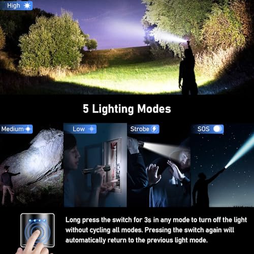 Blukar ​LED Torch Rechargeable, Super Bright Flashlight with 5 Modes, Adjustable Focus, Water Resistant, Lightweight Handheld Torch for Camping, Running, Dog Walking, Power Cut, Emergency etc-Black