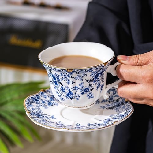 250ml Tea Cup and Saucer Set, 8oz Floral Blue Porcelain Coffee Cups for Tea, Cappuccino, Latte, Elegant Vintage Bone China Tea Set, Gift Box