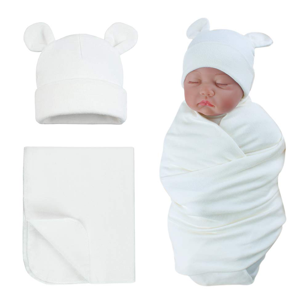 Cotton Swaddling Blanket with Cute Newborn Baby Hat Bear Blanket and Hat (White)