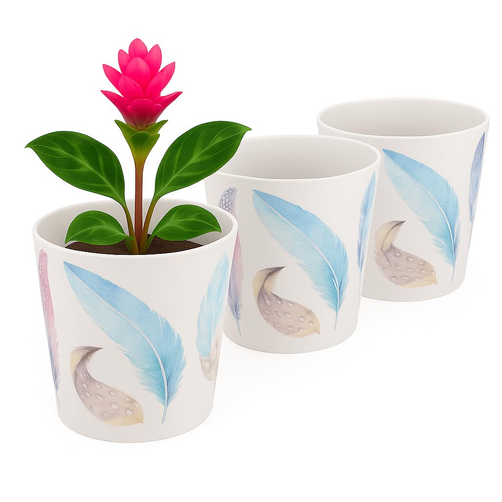 Home Garden Ornaments Indoor Plant Pot – Decorative Flower Pots with Inner Cone, Floral & Tropical Design Orchid Planters for Home Décor (13 cm / 5.1 inch – Large Feathers)