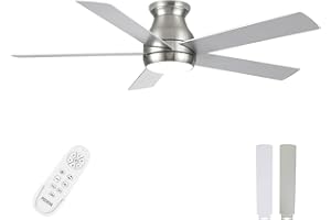 POCHFAN 52 Inch Low Profile Ceiling Fans With Lights and Remote, Flush Mount Modern Ceiling Fan, 3CCT Dimmable DC Ceiling Fan for Bedroom, Living Room, Brushed Nickel