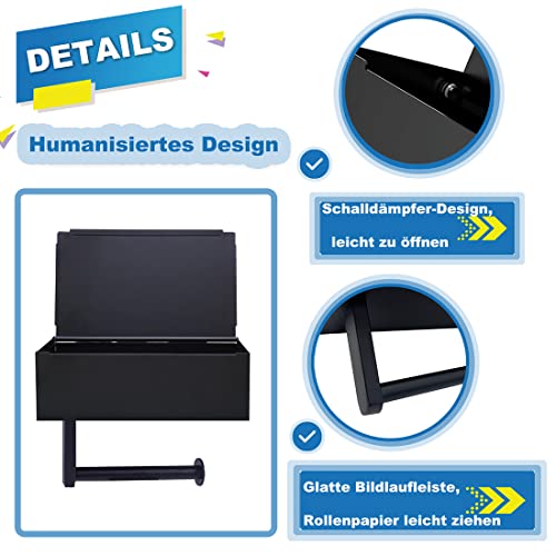 Toilettenpapierhalter Schwarz mit Feuchttücherbox,Edelstahl Klopapierhalter mit aufbewahrung, Badezimmer Set Toilettenpapierhalter,Flache Öffnung,Stil A