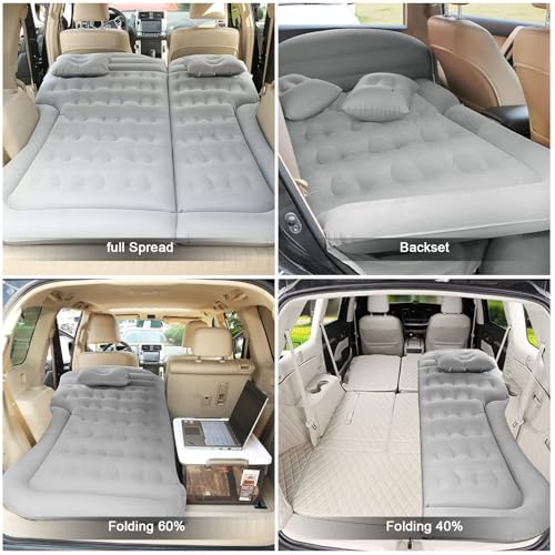 SUV Car Air Mattress for Camping & Travel, Thick Inflatable Bed with Two Pillows, Portable Car Air Pump Included, Comfortable Backseat Sleeping Pad for Outdoor Road Trips (Grey)
