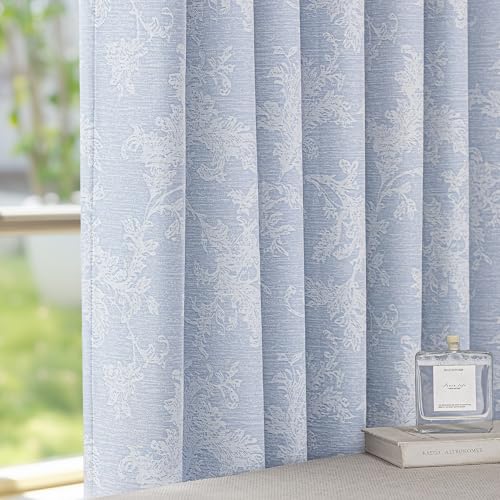 Fmfunctex Blue Floral Jacquard Blackout Curtains for Living Room 90 inch Scroll Flower Curtains for Bedroom Thermal Insulated Chenille Eyelet Curtain Room Darkening Window Curtain Drapes 2 Panels