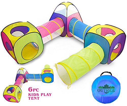 6pc Pop Up Children Play Tent w/ 3Crawl Tunnel & 3Tents - Kids Tents for Boys, Girls, Babies & Toddlers for Indoor & Outdoor