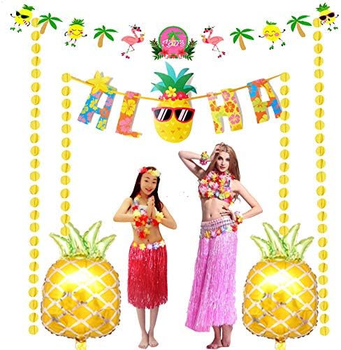 Jelacy Hawaiian Party Decorations Kit ,Pineapple Balloons & Aloha Banners,Flamingo Pineapple Banners and Hawaiian Necklace of Elastic Flowers Necklaces, Headbands and Wristbands, Kids or Adults Luau Party Decorations and Party Supplies