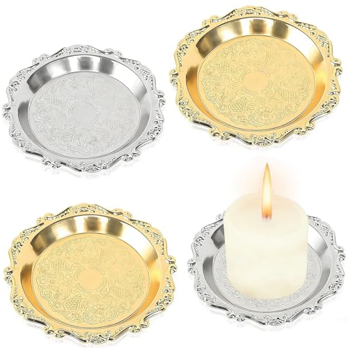 Qury 4 Pcs Candle Boards, Vintage Metal Candle Dish for Candles and Home Decoration (Gold, Silver 8.9cm)