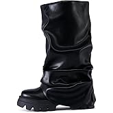 MICIFA Fold Over Boots for Women Platform Knee High Slouchy Boots Chunky Heel Wide Calf Ruched Round Toe Riding Shark Booties Black