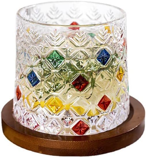 Colorful Drinking Glasses, Whiskey Glasses Drinking Glasses Wine Coffee Glasses,9.2oz Hand Painted 360° Rotatable old Fashioned Glass Cup, with Spinning Coasters, Unique Lead Shaker Glass (Ice flowe)