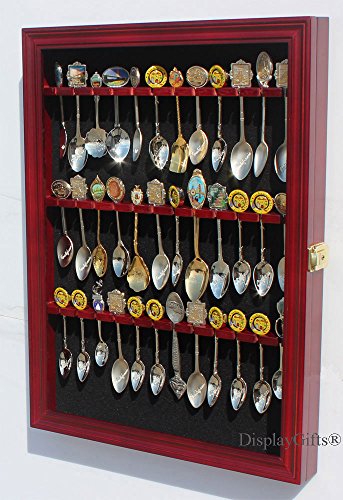 36 Tea Spoon Souvenir Spoon Display Case Holder Wall Cabinet, UV Protection. Lockable (Cherry Finish)