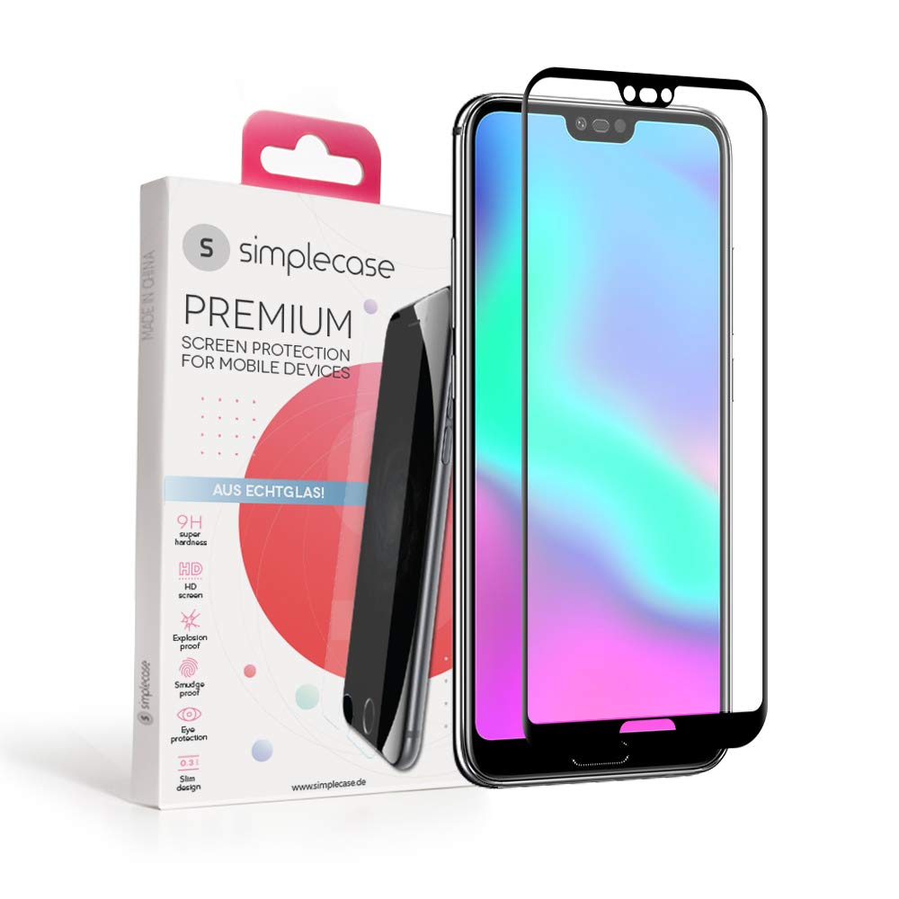 simplecase Tempered Glass Compatible with Honor 10, Full Screen Premium Screen Protector, 100% Coverage, Optimal Protection, Extra Hardness 9H, Black, Pack of 1