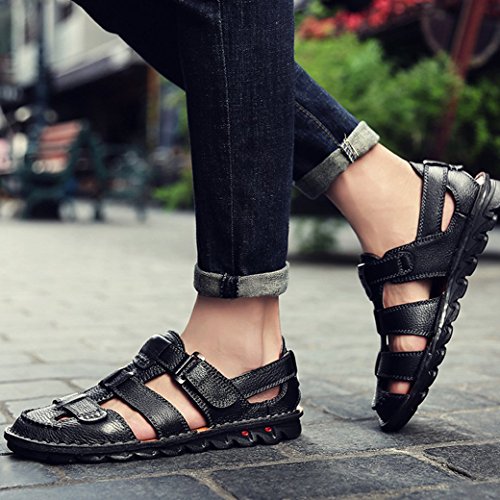JIONS Closed Toe Leather Fisherman Sandals for Men, Men's Casual Outdoor Adjustable Strap Summer Shoes (9.5 D(M) US, Black)