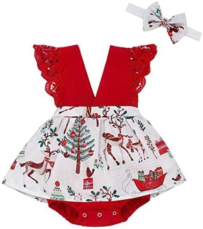 新生児 売買 赤ちゃん 女の子 クリスマス服 レース Vネック ヘッドバンド付き ロンパース 2個セット トナカイ チュチュドレス クリスマス衣装