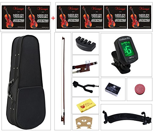 YMC VL-NR 4/4 Violin Starter Kit with Hard Case, Bow, Rosin, Extra Strings, Shoulder Rest, Mute, Electronic Tuner, Pinkinest, Polish Cloth, Violin Hanger, Natural, Full Size