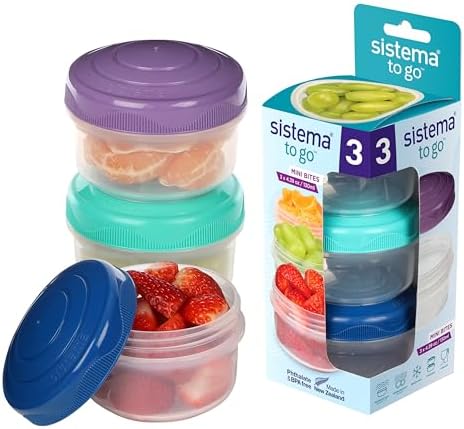 Snack Pots Mini Bocados PARA LEVAR | 130 ml | Lancheiras empilháveis para snacks com tampas | Afunilamento Plástico | Tapas verde-rosadas e azuis | 3 unidades