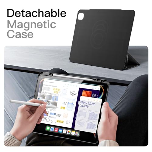 JETech Detachable Magnetic Case for iPad Pro 11 Inch M5/M4 (2025/2024) with Pencil Holder, Removable Rotating Clear Case, Portrait/Landscape Stand (Black)