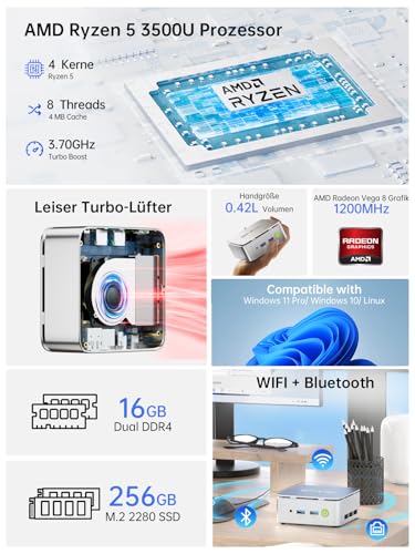 GMKtec G10 Mini PC 3 Year Support AMD Ryzen 5 3500U 3.7GHz (Beats 4300U), 512GB PCIe3.0x4 SSD 16GB DDR4, Mini Computer with 4k Triple Display (HDMI + DP + Type C), BT5.0/2.5G Ethernet for Office Win 11