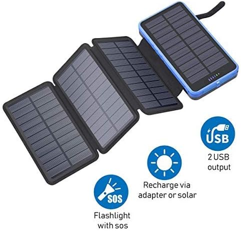 XIYIHOO Solar powerbank 20000mah, Solar Ladegerät Zwei 5V / 2.1A USB-Ports mit 4 Solarpanel & Starker LED-Taschenlampe Tragbare Externer Akku für Smartphones/Handys …