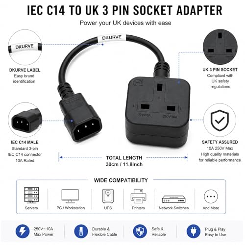 DKURVE® IEC C14 Male Plug to UK PDU/UPS Power Extension Cable,Quality UPS Power Cable IEC320 C14 Male Plug to UK 13A Female Socket, Connect C13 Adapter Lead Cord for PDU UPS 13A 250V (30CM)