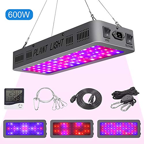 600W LED Grow Light Double On/Off Switch Full Spectrum Grow Lamp, With Daisy Chain ,Temperature and Humidity Monitor, Adjustable Rope, For Indoor Hydroponic Plants Vegetative and Flowering