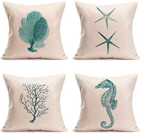 PSDWETS 4 Packs Cotton Linen Sofa Home Decor Design Green Throw Pillow Case Cushion Covers 18 X 18 Inch(Coral,Starfish,Seahorse,Branch)