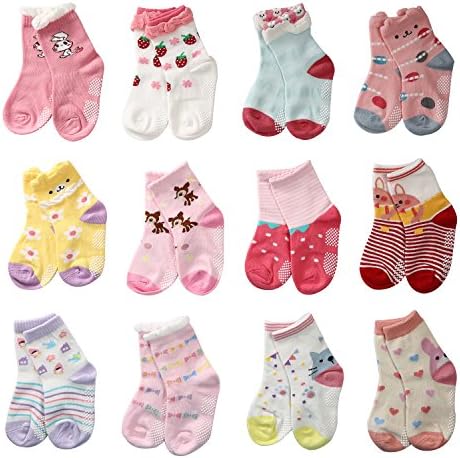 LAISOR 12 Pairs Assorted Non-Skid Ankle Cotton Socks with Grip For Kids Toddlers Baby Girls