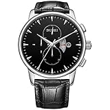 BUREI Men's Day Date Chronograph Wrist Watches Analgo Stainless Steel Quartz with Black Leather Strap