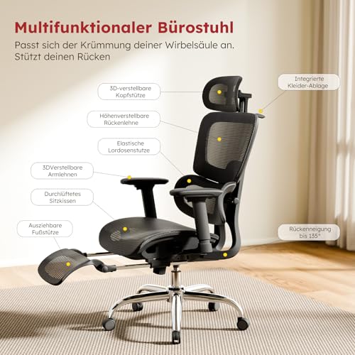 Ergonomic Office Chair Full Mesh 150 kg with Footrest, Desk Chair with Removable Cushion, Self-Adjusting Lumbar Support, Height-Adjustable Backrest, Headrest, PU Wheel, 360°, Black
