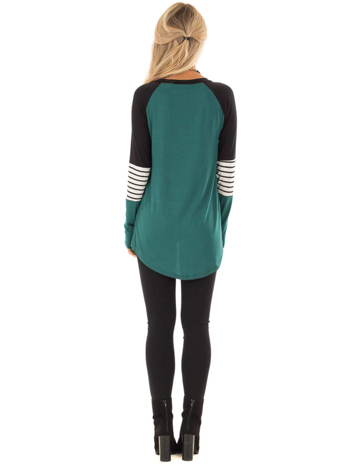 BMJL Women\'s Long Sleeve Blouse Crew Neck Stripe T Shirt Color Block Elbow Patch Tops (L,Multicolor)