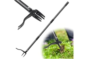 BUIGNDG Standing Weeder Tool, Dual-Function 3-Prong Cultivator and Weeding Claw, Black Steel Head with Natural Wooden Handle,