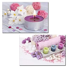 2 Panel Canvas Wall Art - Spa Still Life with Flowers and Scented Candles - Giclee Print Gallery Wrap Modern Home Art Ready to Hang - 16"x24" x 2 Panels