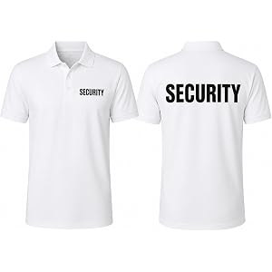 NE Beauty White Security Polo Shirt, Unisexed Sized Cut, Short Sleeve, Cotton Blend, Button-Up Collar, Front Back Print