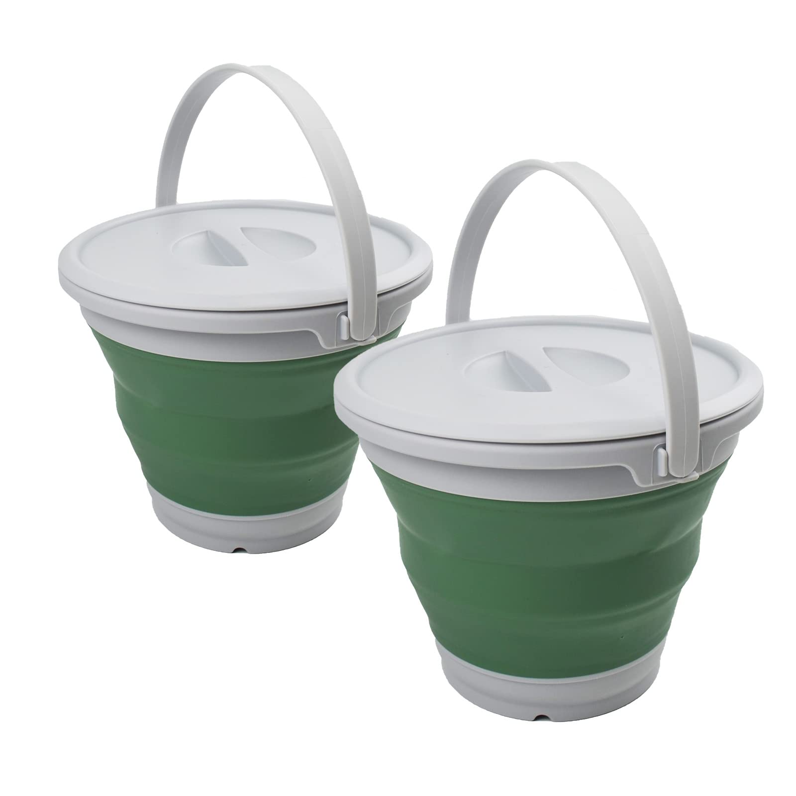 SAMMART 5.5L Collapsible Plastic Bucket with Lid - Foldable Round Tub with Lid - Portable Fishing Water Pail - Space Saving Outdoor Waterpot. (Grey/Dark Sea Green (Set of 2))