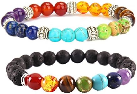 SanMeader 7 Chakras Reiki Bracelets Lava Rock Diffuser Elastic Chain Genuine Rainbow Stone 8mm Beads
