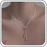 Aneneiceera Vintage Teardrop Crystal Y Drop Necklace Silver Filigree Bow Choker Necklace Tiny Metal Bow Tie Necklace Cz Y Lariat Necklace Jewelry for Women