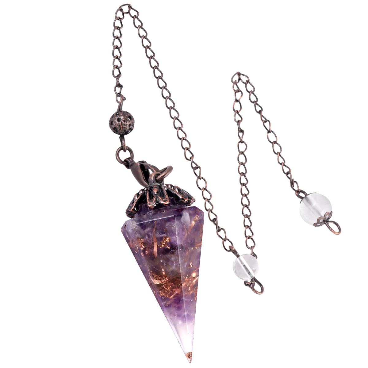 Nupuyai Amethyst Vintage Crystal Point Dowsing Pendulum for Divination Scrying, Healing Faceted Hexagonal Resin Chip Stone Pendulum with Chain