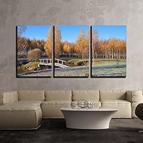 3 Piece Canvas Wall Art - Country Landscape with Small Bridge in an Autumn Season. - Modern Home Art Stretched and Framed Ready to Hang - 16"x24"x3 Panels