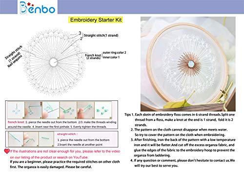 Embroidery Kits for Beginners with Pattern, Benbo Creative Dandelion Hand Embroidery Cross Stitch Needlepoint Crafts Kit with Color Pattern Cloth, Bamboo Embroidery Hoop, Color Threads and Tools Kit