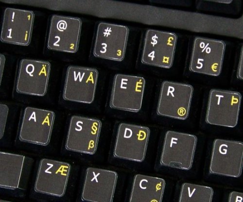 ENGLISH US INTERNATIONAL KEYBOARD STICKERS ON BLACK BACKGROUND