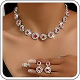 Janiasly Vintage Sparkling Crystal Rhinestone Necklace Earrings Set Gorgeous Sapphire Ruby Emerald Gem Jewelry Drop Earrings Costume Party Prom Festival Accessory for Women Bride Bridesmaid