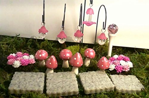 Fairy Garden 18 Piece Set. Miniature Pink Flowers, Fairy Lights, Mushrooms.